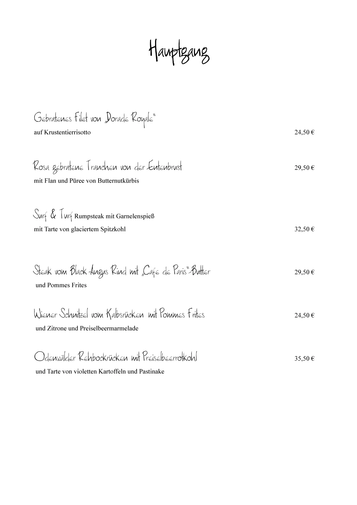 Stangs Küche, Veganes Menü